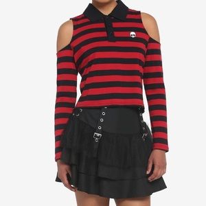 Black & Red Stripe‎ Cold Shoulder Long Sleeve Polo Shirt Hot Topic